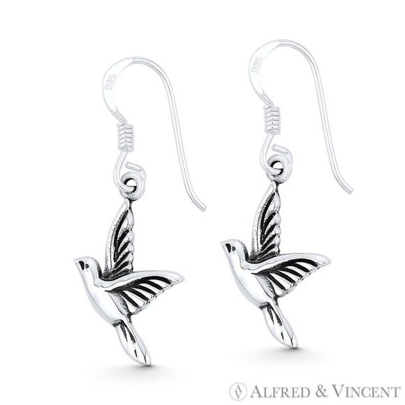Flying Hummingbird Spirit Animal Charm Earrings in Oxidized .925 Sterling Silver - Picture 1 of 1
